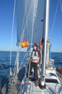 Susie hoisting the Spanish courtesy flag